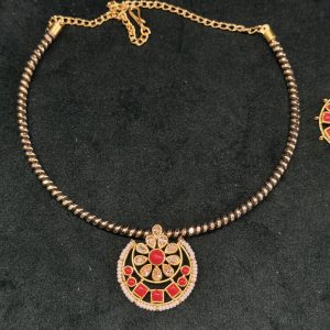 LJ01016-Black hasli with Coral pendant