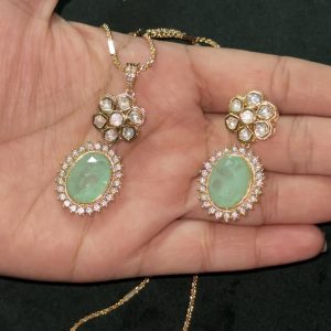 LJ1217-PASTAL GREEN MOSSONITE PENDENT CHAIN WITH EARRINGS