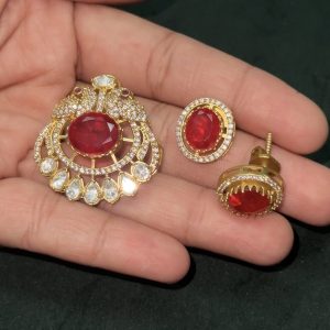 LJ1240-MOSSONITE RED PENDENT WITH SCREWBACK EARRINGS
