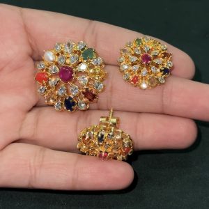 LJ1246-Navaratna pendent with Screwback Earrings