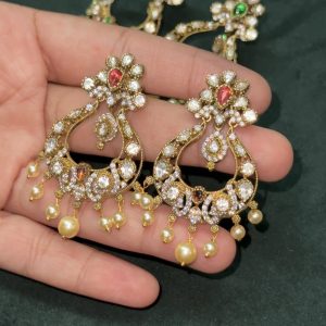 LJ1293-(RED)VICTORIAN MOSSONITE CHANDBALI EARRINGS