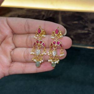 LJ1355-JADAUKUNDAN CHAND HANGING EARRINGS WITH SCREWBACK