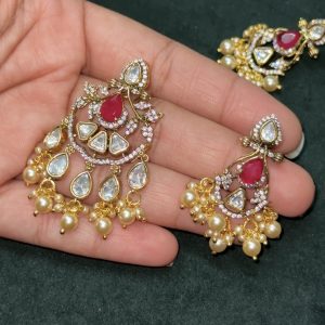 LJ1339-MOSSONITE RED PENDANT WITH SCREWBACK EARRINGS