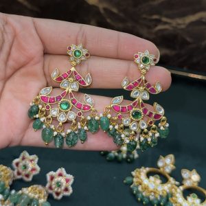 LJ1349-JADAUKUNDAN LEAF CHANDBALI EARRINGS