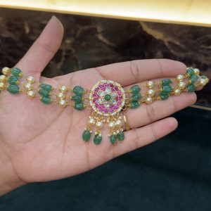 LJ1354-JADAUKUNDAN GREEN PEARL CHOKER