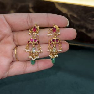 LJ1355-JADAUKUNDAN CHAND HANGING EARRINGS WITH SCREWBACK
