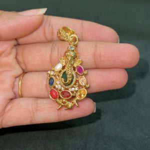 LJ1397-GOLD LOOK NAVARATNA GANAPATHI PENDANT