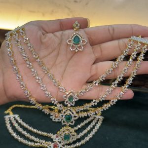 LJ1424-3 LAYERS DIAMOND REPLICA NECKSET WITH EARRING(GREEN)