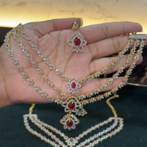 LJ1424-3 LAYERS DIAMOND REPLICA NECKSET WITH EARRING(PINK)