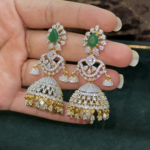 LJ1474-GREEN CZ 3 IN 1 JHUMKAS WITH SCREWBACK