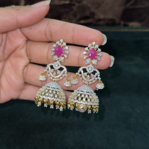 LJ1474-PINK CZ 3 IN 1 JHUMKAS WITH SCREWBACK