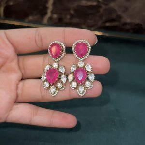 LJ1487-PINK MOSSONITE VICTORIAN DROP SCREWBACK EARRINGS