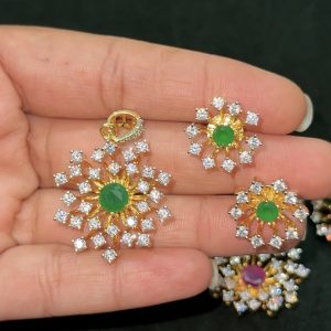 LJ1505-AD FLOWER GREEN PENDANT WITH EARSTUDS