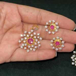LJ1505-AD FLOWER PINK PENDANT WITH EARSTUDS