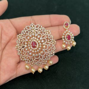 LJ1434-RUBY DIAMOND REPLICA PENDANT WITH EARRINGS