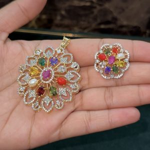 LJ1535-DUEL TONE NAVATARNA PENDENT WITH EARRINGS