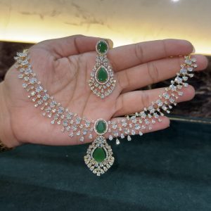 LJ1540-PREMIUM GREEN AD NECKSET WITH EARRINGS