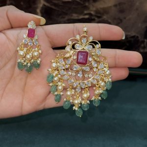 LJ1549-PINK POLKI PENDANT SET WITH SCREWBACK