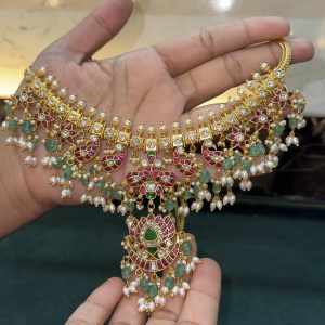 LJ1576-JADAUKUNDAN RICE PEARLS NECKLACE